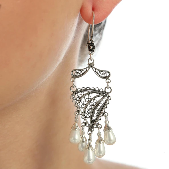 925 Ayar Gümüş Damla İnci Taşlı Telkari Küpe ürün görseli 1