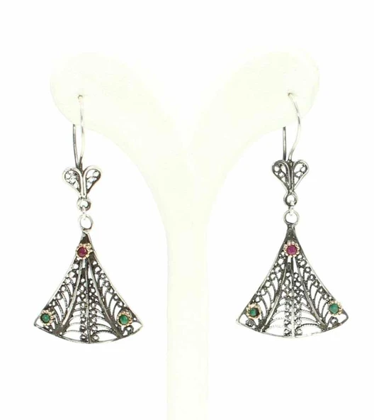 Yelpaze Modeli 925 Ayar Gümüş Taşlı Telkari Küpe - Resim 4