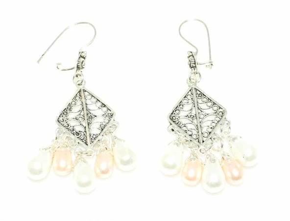 925 Ayar Gümüş Baklava Modeli İnci Taşlı Küpe - Resim 3