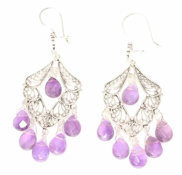 925 Ayar Gümüş Ametist Taşlı Telkari Küpe - Resim 3