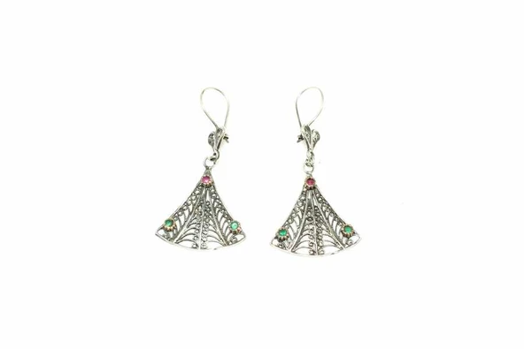 Yelpaze Modeli 925 Ayar Gümüş Taşlı Telkari Küpe - Resim 3