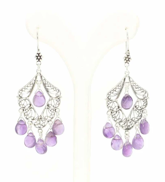 925 Ayar Gümüş Ametist Taşlı Telkari Küpe - Resim 2