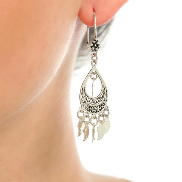 925 Ayar Gümüş Hilal Desenli Pullu Telkari Küpe ürün görseli 1