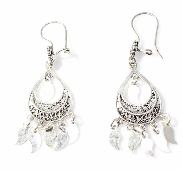 925 Ayar Gümüş Hilal Desenli Pullu Telkari Küpe - Resim 3