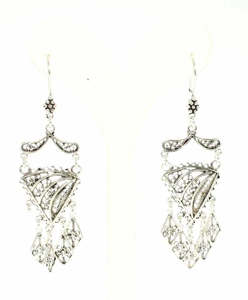 925 Ayar Gümüş Baklava Deseni Sallantılı Telkari Küpe - Resim 3