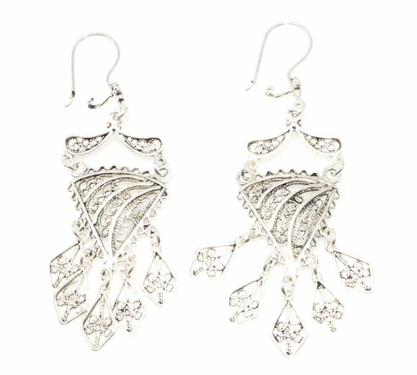 925 Ayar Gümüş Baklava Deseni Sallantılı Telkari Küpe - Resim 2