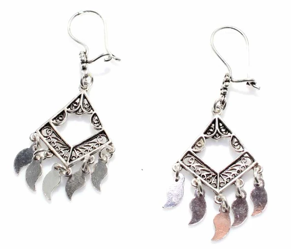 Pul Sallantılı 925 Ayar Gümüş Telkari Küpe - Resim 3