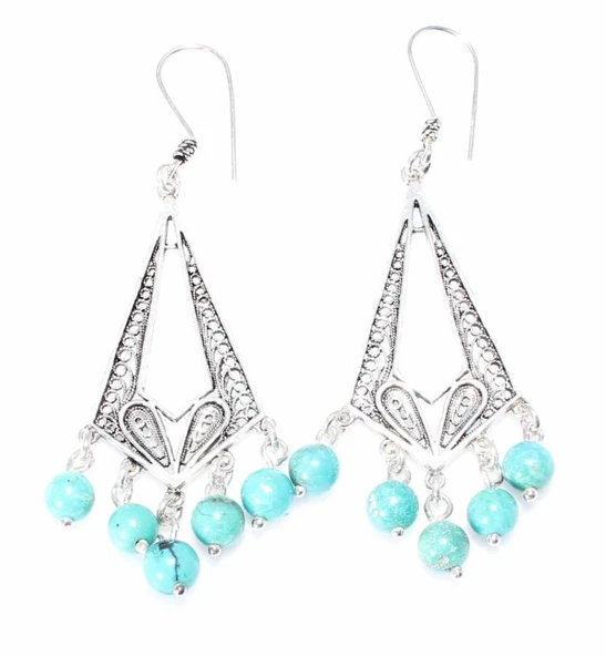 925 Ayar Gümüş Turkuaz Taşlı Sallantılı Telkari Küpe - Resim 3