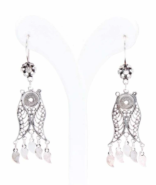 925 Ayar Gümüş Avize Model Pul Sallantılı Telkari Küpe - Resim 2