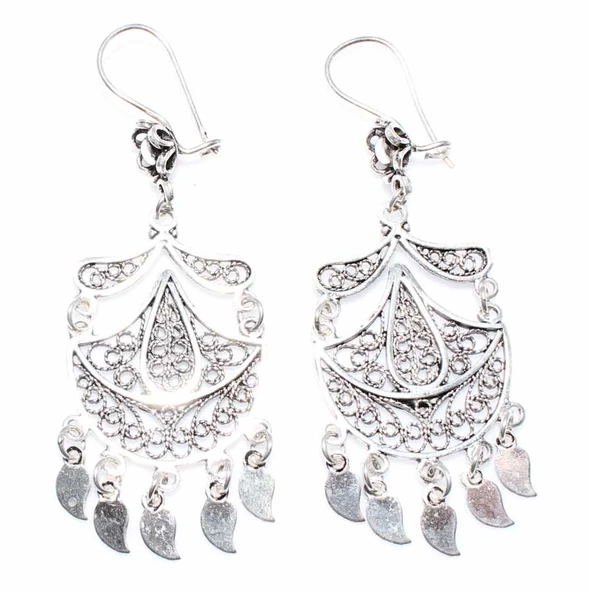 925 Ayar Gümüş Ay ve Damla Motifli Telkari Küpe - Resim 2