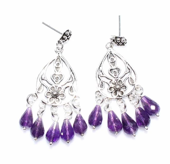 Ametist Taşlı 925 Ayar Gümüş Telkari Küpe - Resim 3