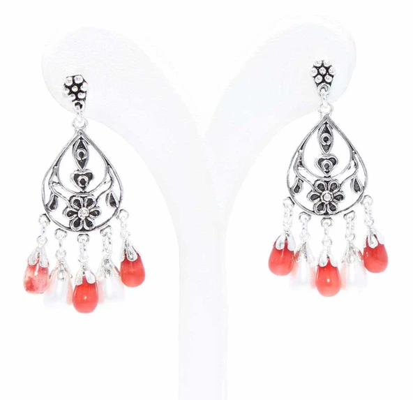 Mercan ve İnci Taşlı 925 Ayar Gümüş Telkari Küpe - Resim 2