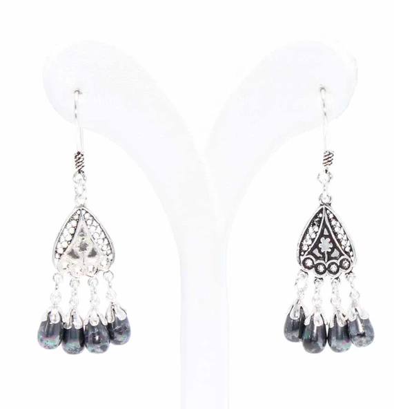 Siyah İnci Taşlı 925 Ayar Gümüş Telkari Küpe - Resim 3