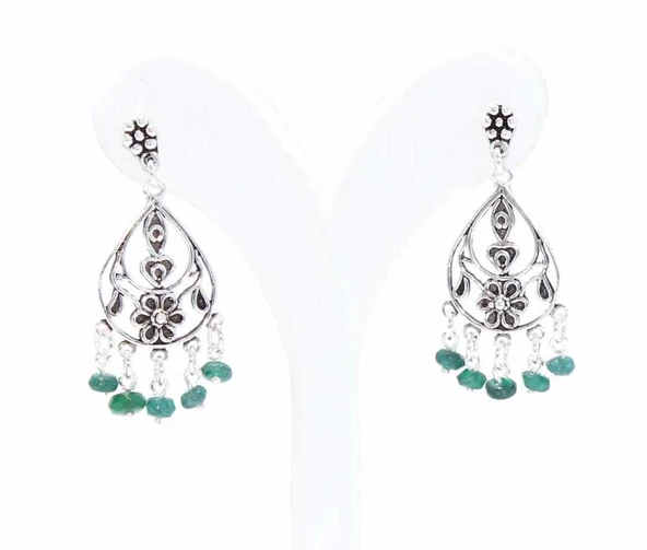 Zümrüt Taşlı 925 Ayar Gümüş Telkari Küpe - Resim 3