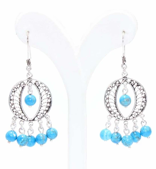 925 Ayar Gümüş Telkari Firuze Taş Sallantılı Küpe ürün görseli