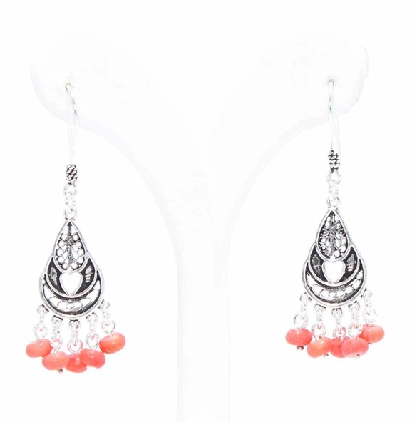 Mercan Taşlı 925 Ayar Gümüş Hilal Modeli Telkari Küpe - Resim 3