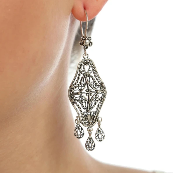 925 Ayar Gümüş Avize Model Telkari Küpe ürün görseli