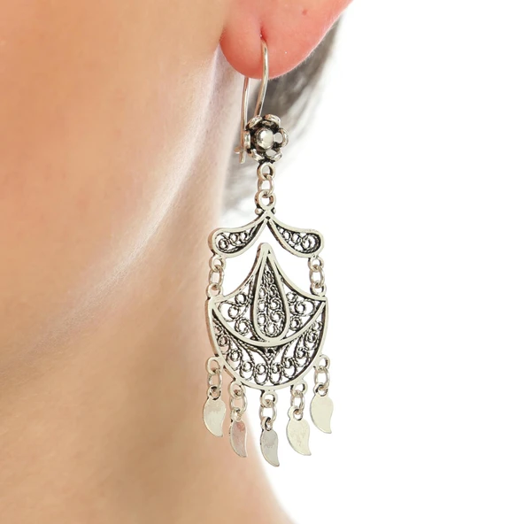 925 Ayar Gümüş Ay ve Damla Motifli Telkari Küpe ürün görseli 1