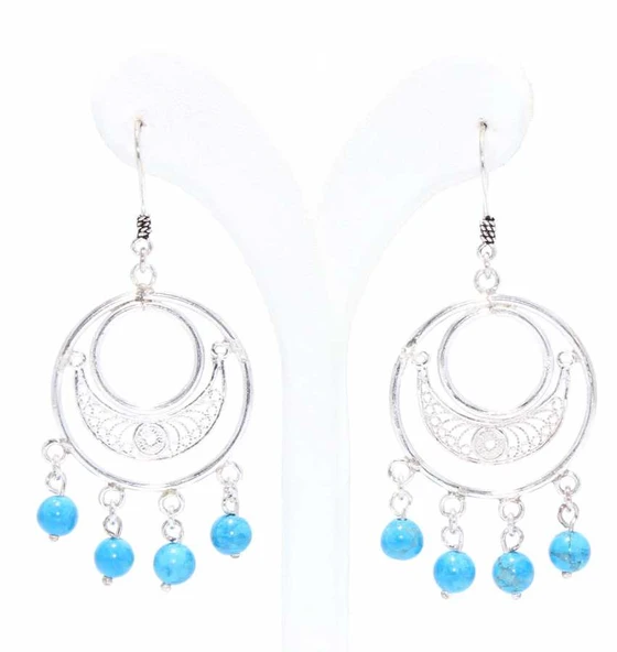 925 Ayar Gümüş Telkari Hilal Motifli, Firuze Taş Sallantılı Küpe - Resim 3