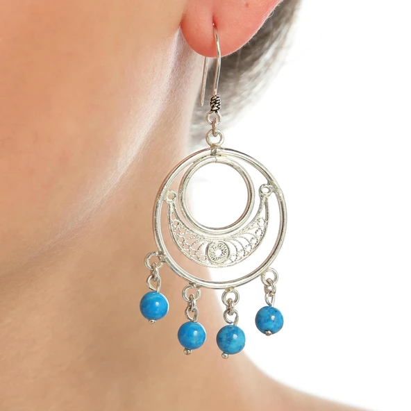 925 Ayar Gümüş Telkari Hilal Motifli, Firuze Taş Sallantılı Küpe ürün görseli