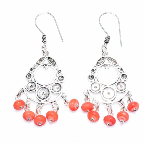 925 Ayar Gümüş Helezonik Desenli Mercan Taşlı Telkari Küpe ürün görseli