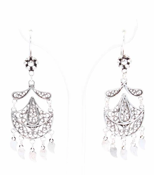 925 Ayar Gümüş Ay ve Damla Motifli Telkari Küpe - Resim 3