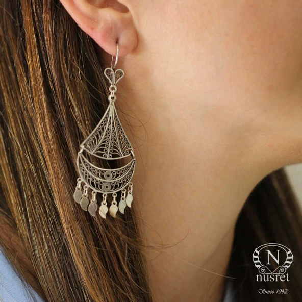 925 Ayar Gümüş Yelken Motifli Pul Sallantılı Telkari Küpe - Resim 4