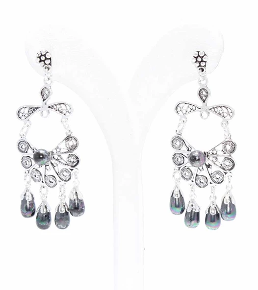 925 Ayar Gümüş Yelpaze Desenli Siyah İnci Taşlı Çivi Telkari Küpe - Resim 3