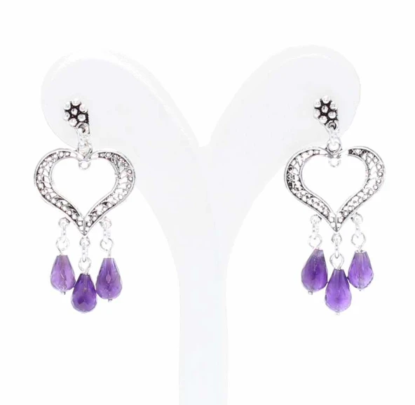 925 Ayar Gümüş Kalp Modeli Damla Ametist Taşlı Telkari Küpe - Resim 2