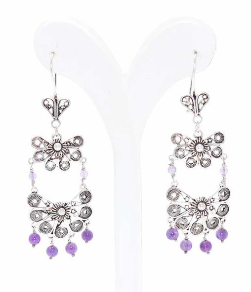 925 Ayar Gümüş Yelpaze Desenli Ametist Taşlı Telkari Küpe - Resim 2