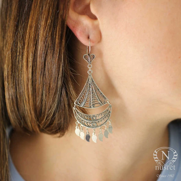 925 Ayar Gümüş Yelken Motifli Pul Sallantılı Telkari Küpe - Resim 5