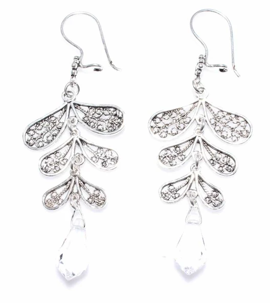 Swarovski Taşlı Yaprak Motifli Sallantılı 925 Ayar Gümüş Telkari Küpe ürün görseli 1