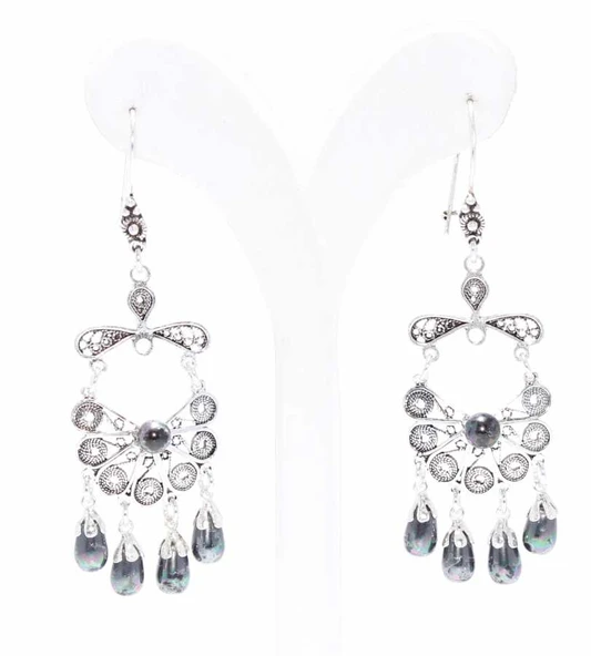 925 Ayar Gümüş Yelpaze Desenli Siyah İnci Taşlı Telkari Küpe - Resim 3