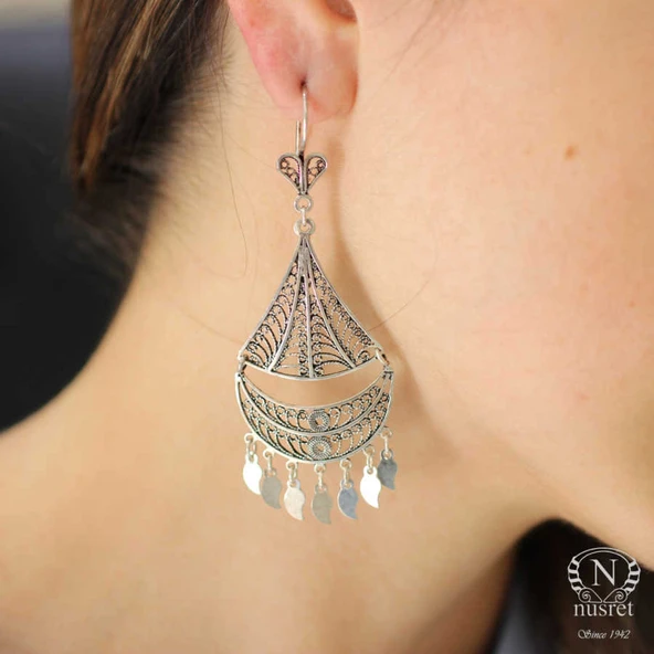 925 Ayar Gümüş Yelken Motifli Pul Sallantılı Telkari Küpe - Resim 6