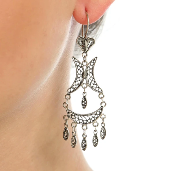 925 Ayar Gümüş Ay Motifli Sallantılı Telkari Küpe ürün görseli 1