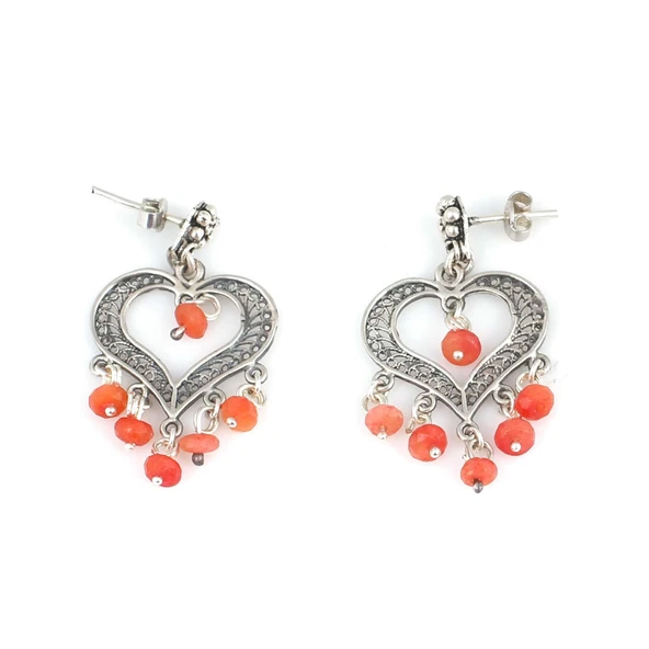 925 Ayar Gümüş Kalp Modeli Mercan Taşlı Telkari Küpe ürün görseli 1