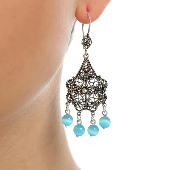 925 Ayar Gümüş Kedi Gözü Taşlı Çiçek Motifli Telkari Küpe ürün görseli