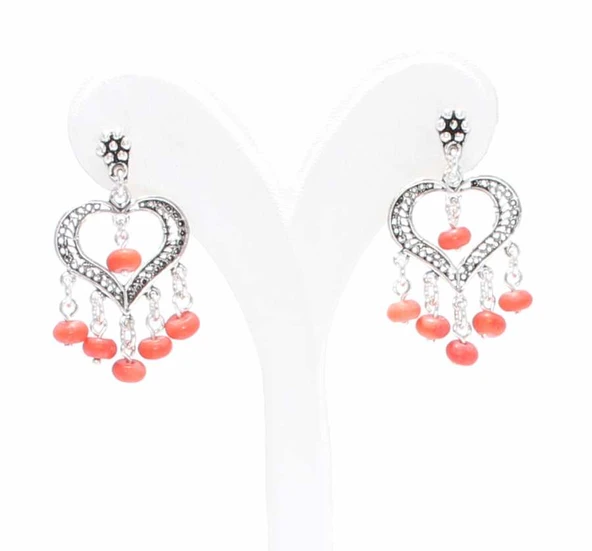 925 Ayar Gümüş Kalp Modeli Mercan Taşlı Telkari Küpe - Resim 4