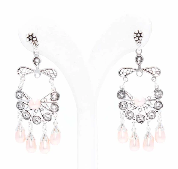 925 Ayar Gümüş Yelpaze Desenli İnci Taşlı Telkari Küpe - Resim 3