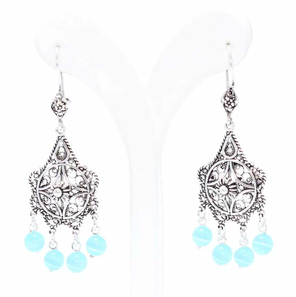 925 Ayar Gümüş Kedi Gözü Taşlı Çiçek Motifli Telkari Küpe - Resim 3