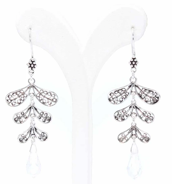 Swarovski Taşlı Yaprak Motifli Sallantılı 925 Ayar Gümüş Telkari Küpe - Resim 2