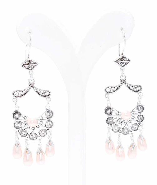 925 Ayar Gümüş Yelpaze Desenli İnci Sallantılı Telkari Küpe - Resim 3