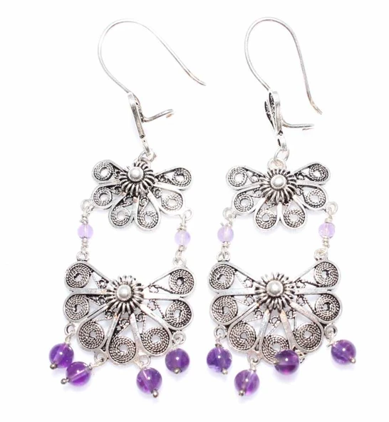 925 Ayar Gümüş Yelpaze Desenli Ametist Taşlı Telkari Küpe - Resim 3