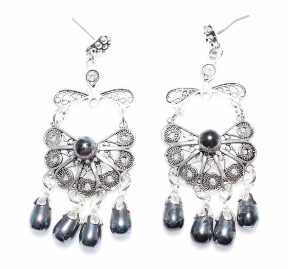 925 Ayar Gümüş Yelpaze Desenli Siyah İnci Taşlı Çivi Telkari Küpe - Resim 2