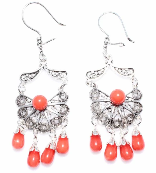 925 Ayar Gümüş Mercan Taşlı Yelpaze Desenli Telkari Küpe ürün görseli