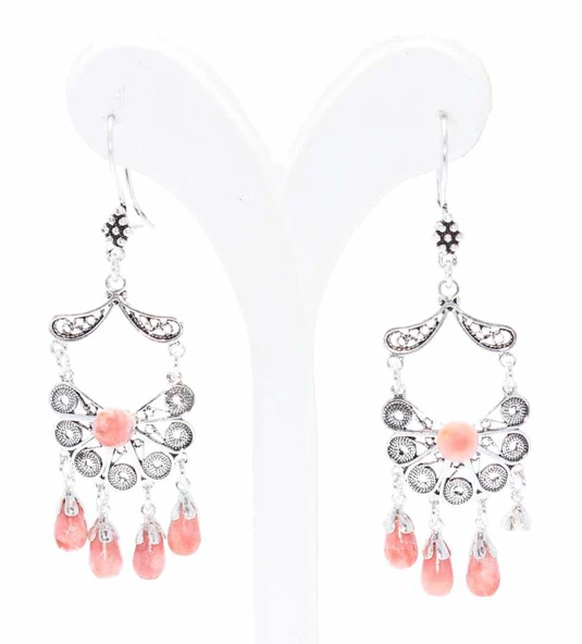 925 Ayar Gümüş Yelpaze Desenli Mercan Taşlı Telkari Küpe - Resim 2