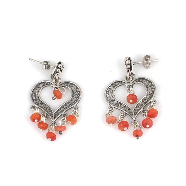 925 Ayar Gümüş Kalp Modeli Mercan Taşlı Telkari Küpe - Resim 2