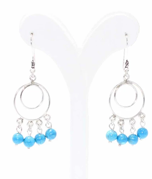 925 Ayar Gümüş Çift Yuvarlak İçi Boş Firuze Taşlı Telkari Küpe - Resim 3