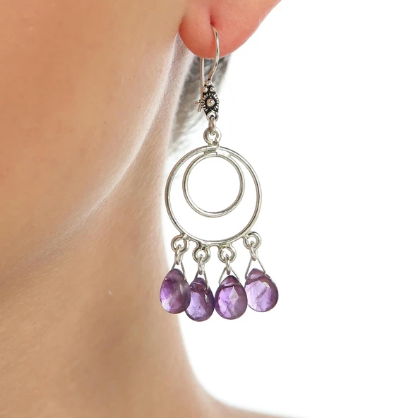 925 Ayar Gümüş Çift Yuvarlak Ametist Taşlı Telkari Küpe ürün görseli 1