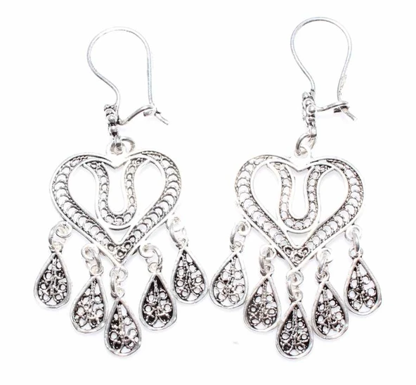 925 Ayar Gümüş Lale Desenli Kalp Modeli Telkari Küpe ürün görseli 1